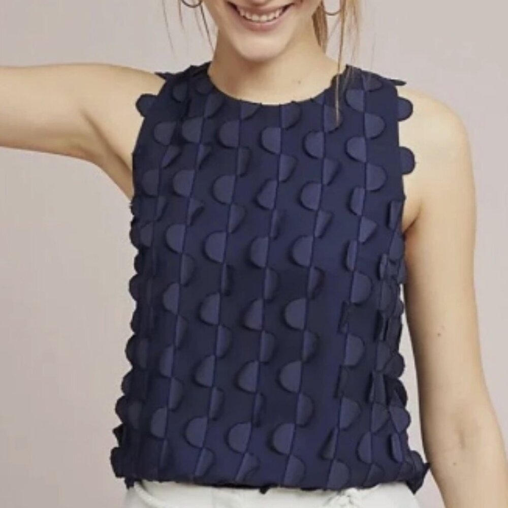 MAEVE Anthropologie Dimensional Blouse US 2 Navy Blue Textured Blouse Semi Sheer